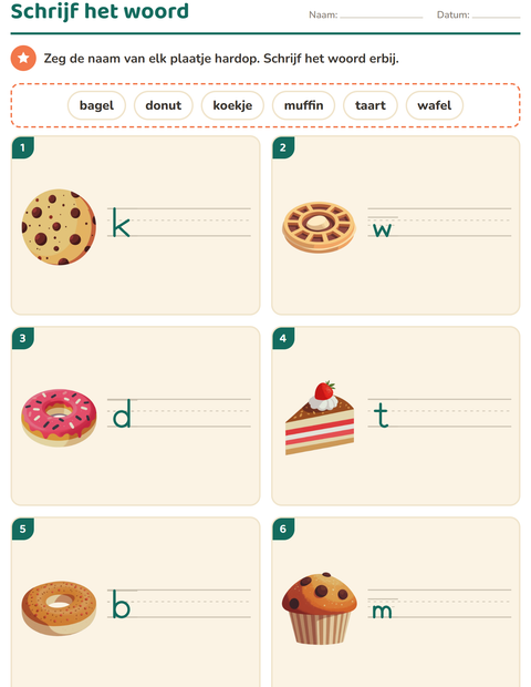 Voorbeeld van het Schrijf het woord-werkblad met Bakkerij voor groep 3