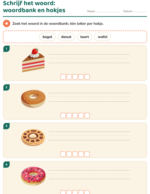 Voorbeeld van het Schrijf het woord-werkblad met Bakkerij voor groep 3