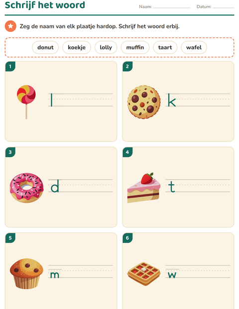 Voorbeeld van het Schrijf het woord-werkblad met Desserts en snoep voor groep 3