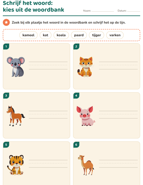 Voorbeeld van het Schrijf het woord-werkblad met Dieren voor groep 3