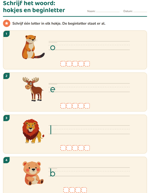 Voorbeeld van het Schrijf het woord-werkblad met Dierentuindieren voor groep 3