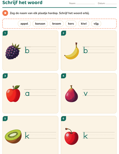 Voorbeeld van het Schrijf het woord-werkblad met Fruit voor groep 3
