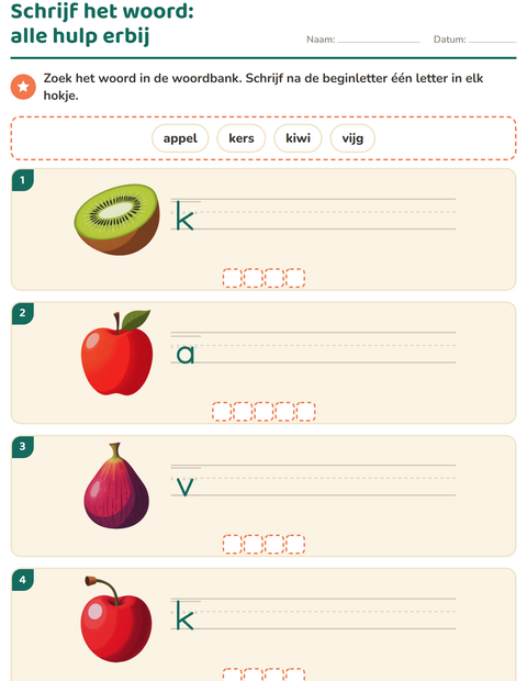 Voorbeeld van het Schrijf het woord-werkblad met Fruit voor groep 3