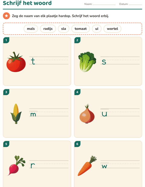 Voorbeeld van het Schrijf het woord-werkblad met Groenten voor groep 3