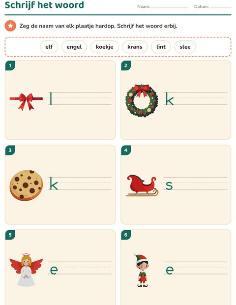 Voorbeeld van het Schrijf het woord-werkblad met Kerstmis voor groep 3
