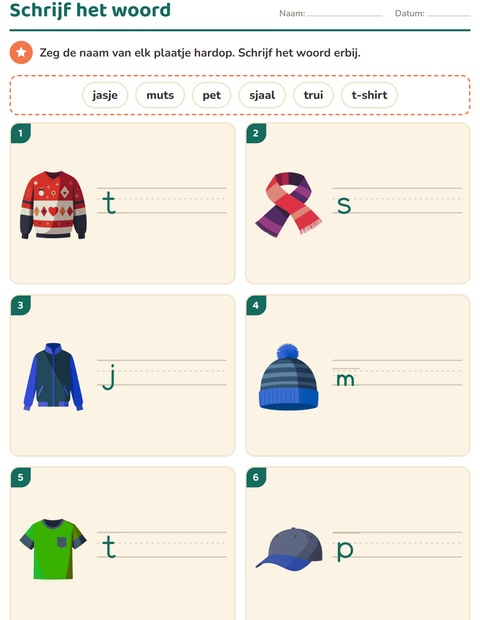Voorbeeld van het Schrijf het woord-werkblad met Kleding voor groep 3