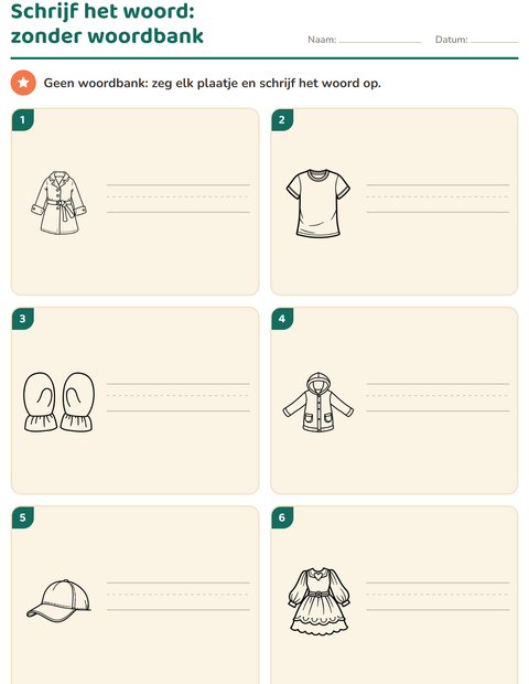 Voorbeeld van het Schrijf het woord-werkblad met Kleding ZW voor groep 3