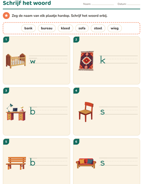 Voorbeeld van het Schrijf het woord-werkblad met Meubels voor groep 3