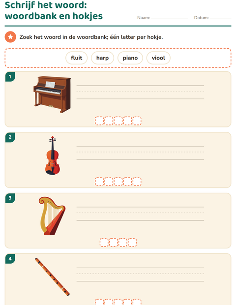 Voorbeeld van het Schrijf het woord-werkblad met Muziek voor groep 3