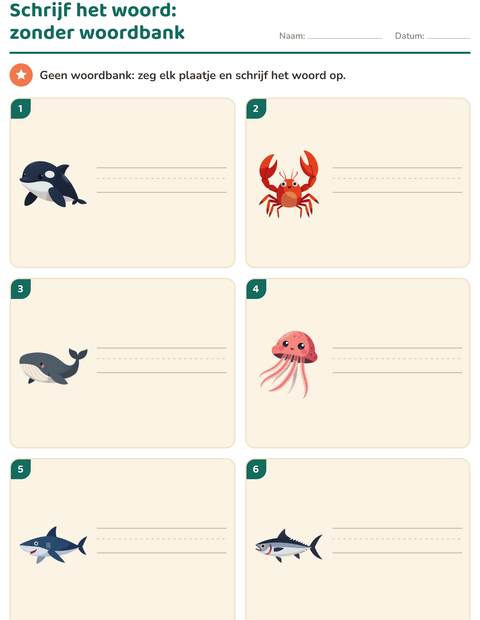 Voorbeeld van het Schrijf het woord-werkblad met Oceaanleven voor groep 3