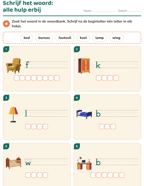 Voorbeeld van het Schrijf het woord-werkblad met Meubels voor groep 3