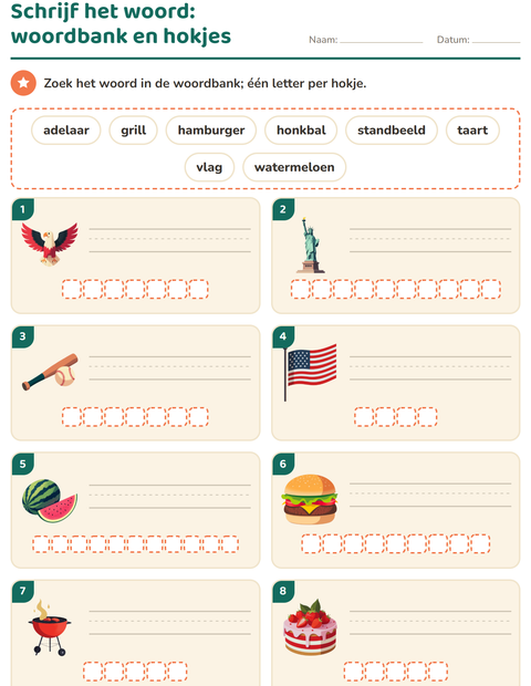 Voorbeeld van het Schrijf het woord-werkblad met 4 juli voor groep 3