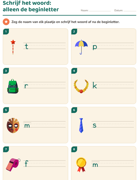 Voorbeeld van het Schrijf het woord-werkblad met Accessoires voor groep 3