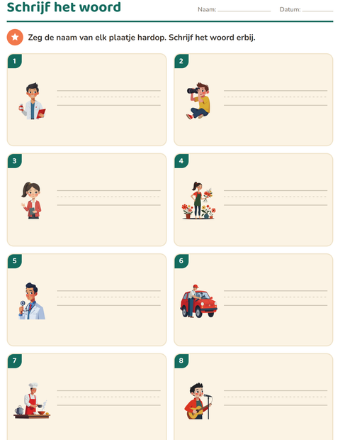 Voorbeeld van het Schrijf het woord-werkblad met Beroepen voor groep 3