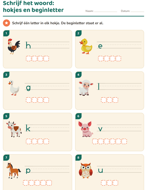 Voorbeeld van het Schrijf het woord-werkblad met Boerderijdieren voor groep 3
