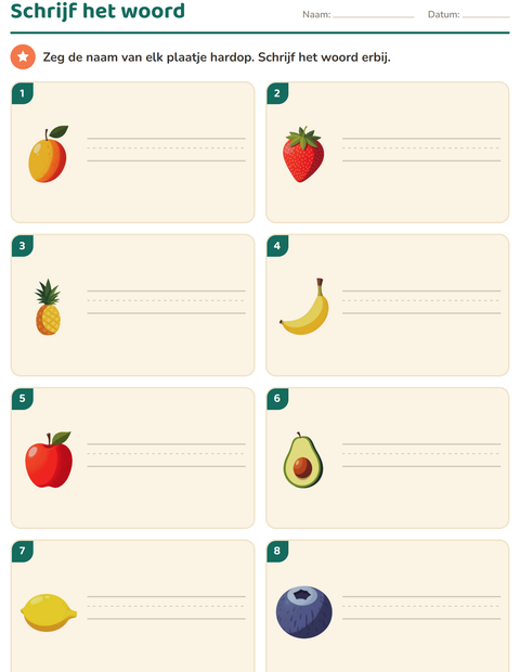 Voorbeeld van het Schrijf het woord-werkblad met Fruit voor groep 3