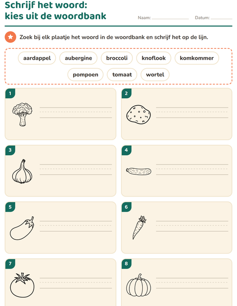 Voorbeeld van het Schrijf het woord-werkblad met Groenten ZW voor groep 3