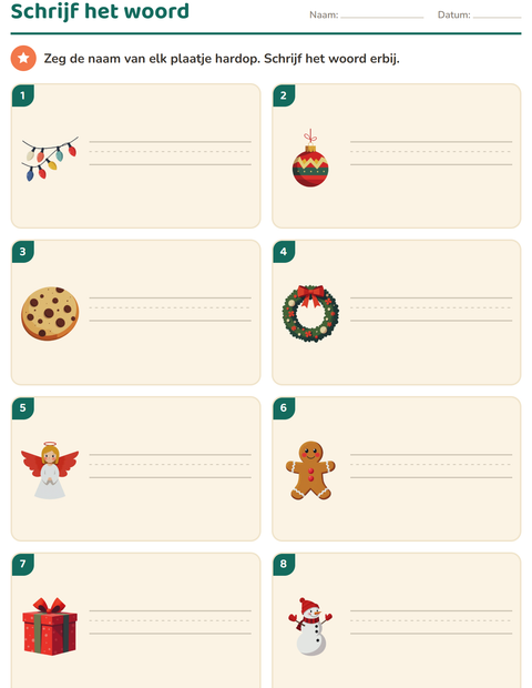 Voorbeeld van het Schrijf het woord-werkblad met Kerstmis voor groep 3