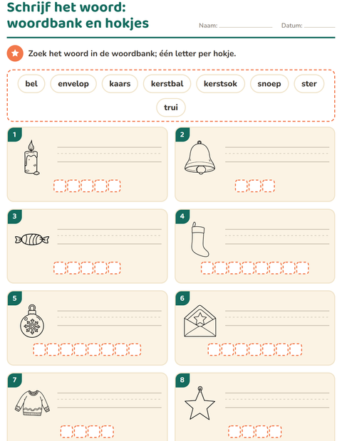 Voorbeeld van het Schrijf het woord-werkblad met Kerstmis Z/W voor groep 3