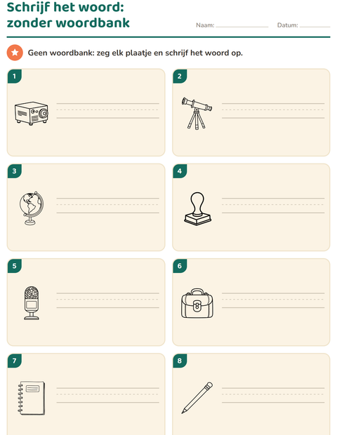 Voorbeeld van het Schrijf het woord-werkblad met Klaslokaal (Z/W) voor groep 3