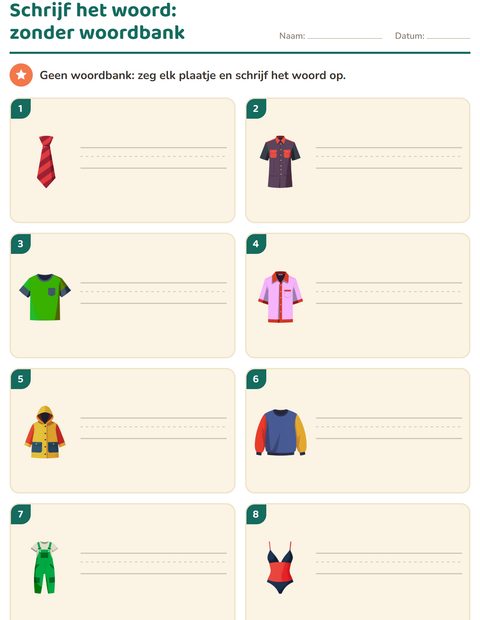 Voorbeeld van het Schrijf het woord-werkblad met Kleding voor groep 3