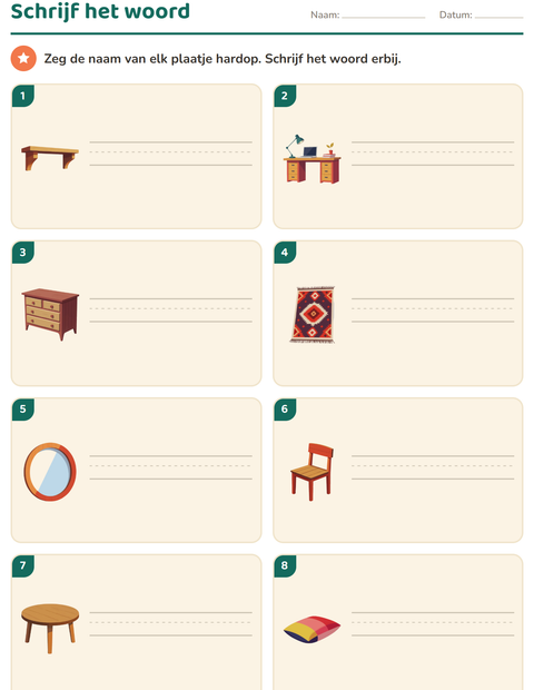 Voorbeeld van het Schrijf het woord-werkblad met Meubels voor groep 3