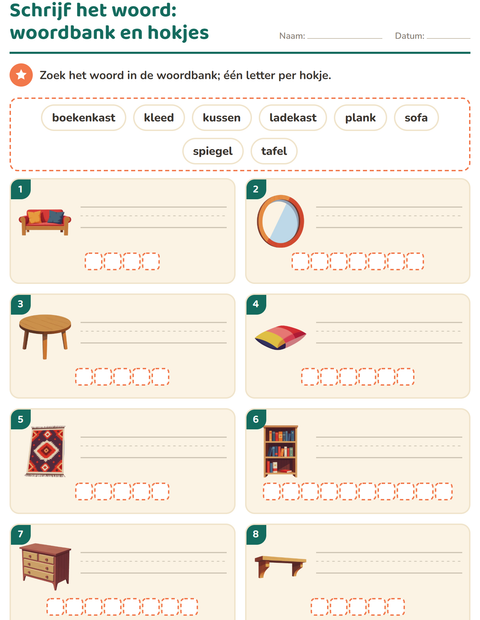 Voorbeeld van het Schrijf het woord-werkblad met Meubels voor groep 3
