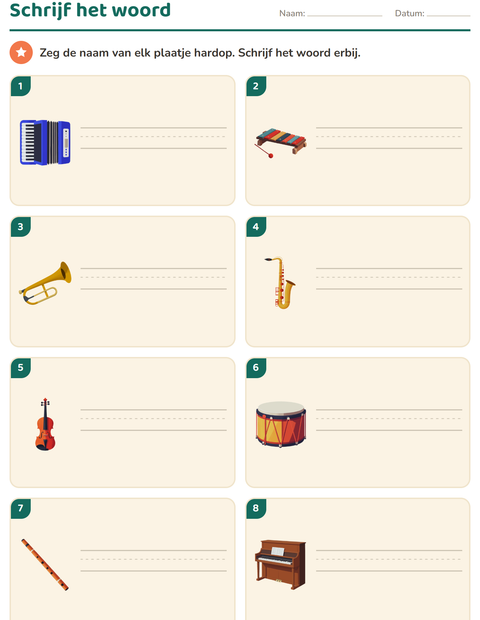 Voorbeeld van het Schrijf het woord-werkblad met Muziek voor groep 3