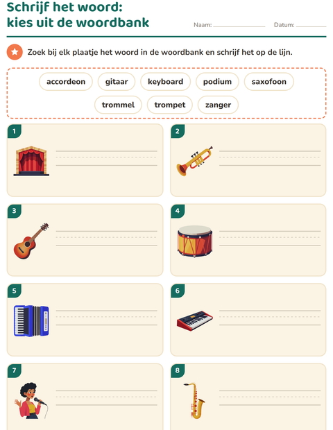 Voorbeeld van het Schrijf het woord-werkblad met Muziek voor groep 3