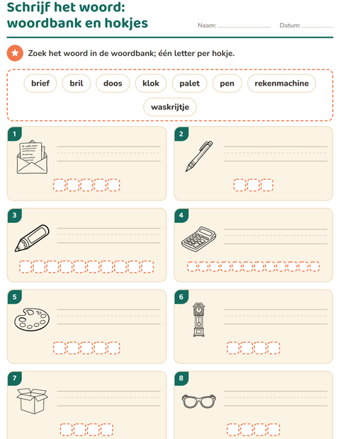 Voorbeeld van het Schrijf het woord-werkblad met Onderwijs ZW voor groep 3