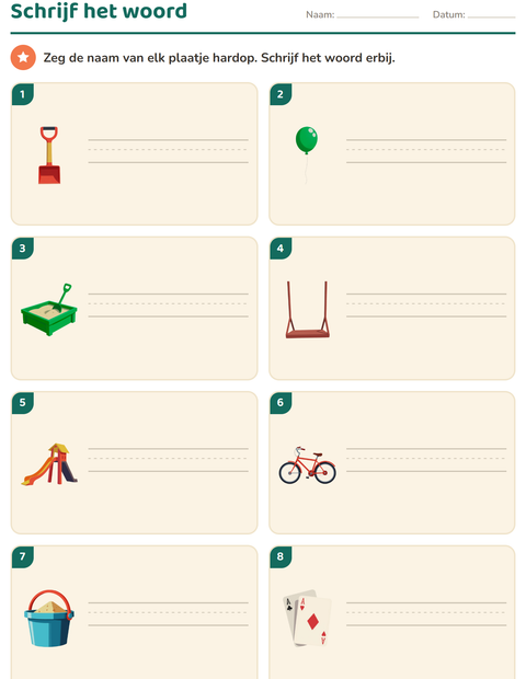 Voorbeeld van het Schrijf het woord-werkblad met Speelgoed voor groep 3