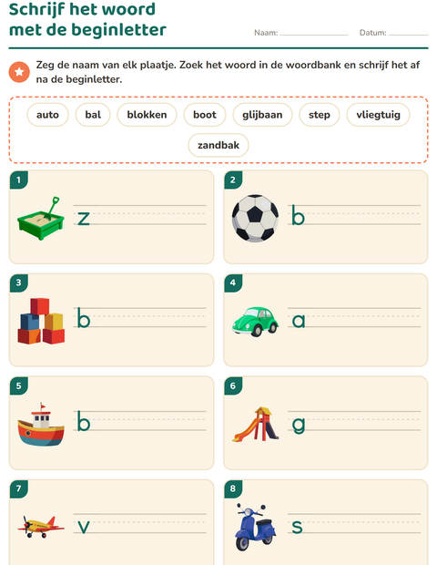 Voorbeeld van het Schrijf het woord-werkblad met Speelgoed voor groep 3