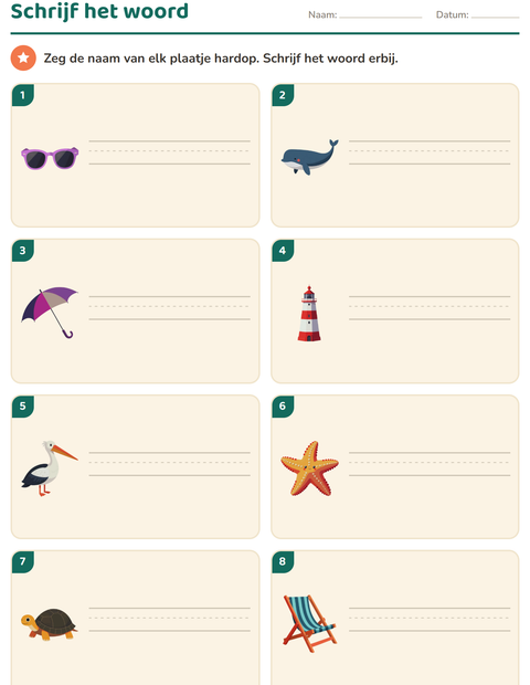 Voorbeeld van het Schrijf het woord-werkblad met Strand voor groep 3