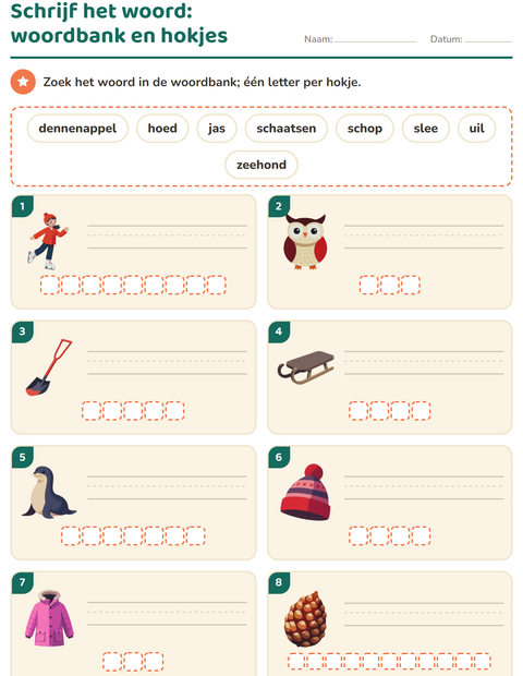 Voorbeeld van het Schrijf het woord-werkblad met Winter voor groep 3