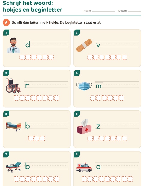 Voorbeeld van het Schrijf het woord-werkblad met Ziekenhuis voor groep 3