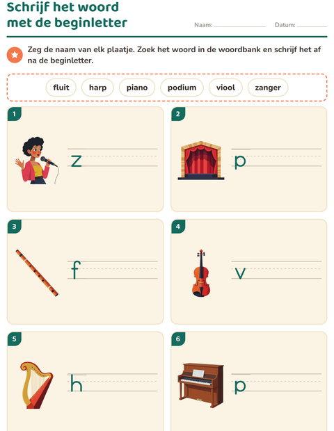 Voorbeeld van het Schrijf het woord-werkblad met Muziek voor groep 3