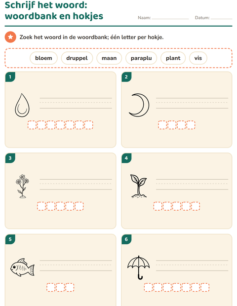 Voorbeeld van het Schrijf het woord-werkblad met Natuur ZW voor groep 3