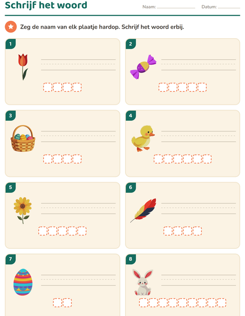 Voorbeeld van het Schrijf het woord-werkblad met Pasen voor groep 3