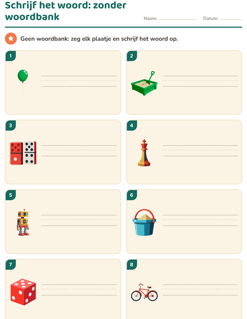 Schrijf het woord zonder woordbank: alleen het plaatje en lege regels