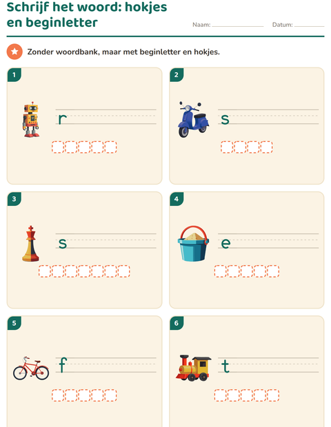Schrijf het woord met letterhokjes en de beginletter