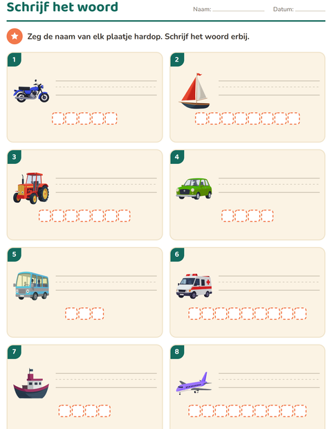 Voorbeeld van het Schrijf het woord-werkblad met Voertuigen voor groep 3