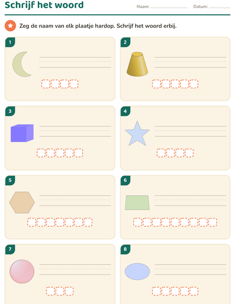 Voorbeeld van het Schrijf het woord-werkblad met Vormen voor groep 3