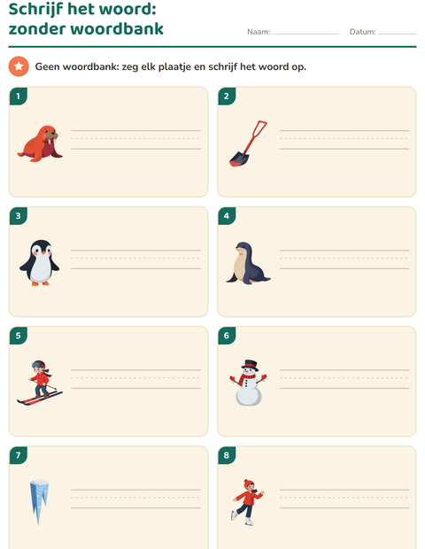 Voorbeeld van het Schrijf het woord-werkblad met Winter voor groep 3