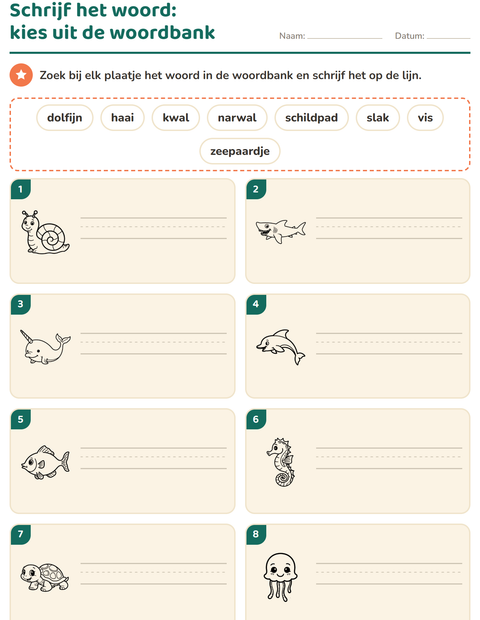 Voorbeeld van het Schrijf het woord-werkblad met Zeeleven ZW 2 voor groep 3