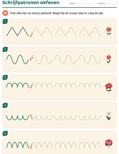 Voorbeeld van het Schrijfpatronen-werkblad met Bloemen voor kleuterklas