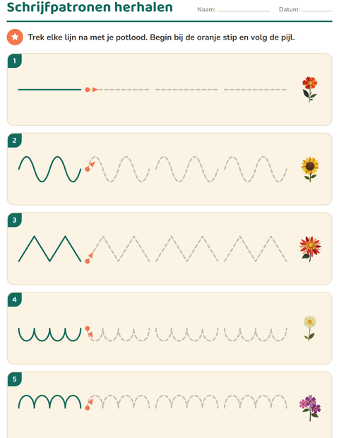 Voorbeeld van het Schrijfpatronen-werkblad met Bloemen voor kleuterklas