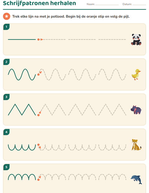 Voorbeeld van het Schrijfpatronen-werkblad met Dieren voor kleuterklas