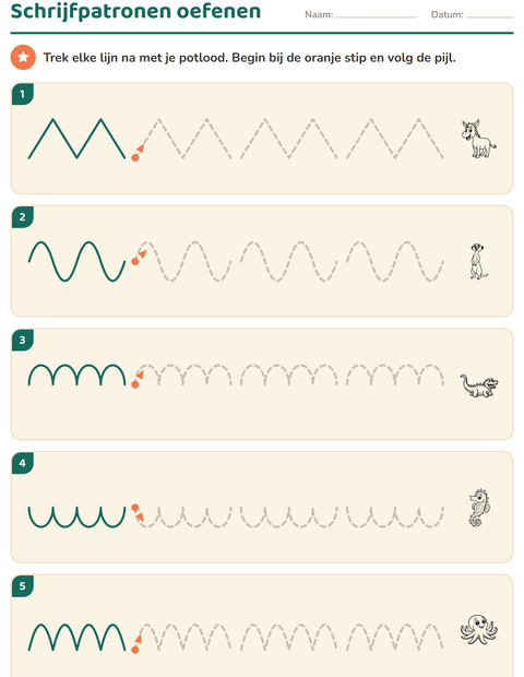 Voorbeeld van het Schrijfpatronen-werkblad met Dieren ZW voor kleuterklas