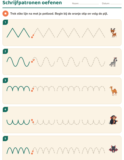 Voorbeeld van het Schrijfpatronen-werkblad met Dierentuindieren voor kleuterklas