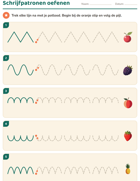 Voorbeeld van het Schrijfpatronen-werkblad met Fruit voor kleuterklas
